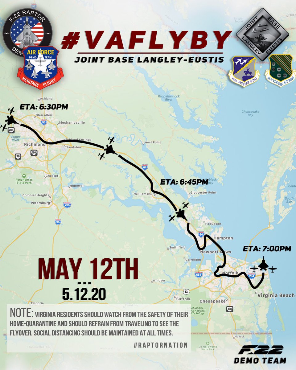 #NMCPReadyForTheFightTonight #VAFlyBy #AirForceSalutes
The Air Combat Command F-22 Raptor Demonstration Team and Air Force Heritage Flight will perform a formation flyover throughout the Virginia peninsula,  on May 12, beginning at 6:30 p.m.