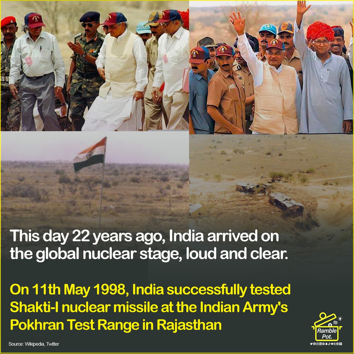 RamblePot's tweet photo. The #NationalTechnologyDay occupies a significant place in India.
It is the day India successfully tested nuclear bombs in Pokhran on May 11,1998.

It was named by the late PM Atal ji on May 11 as a reminder of India's technological achievements.

#pokhran #nuclearpower https://t.co/IOfHvJLsNr