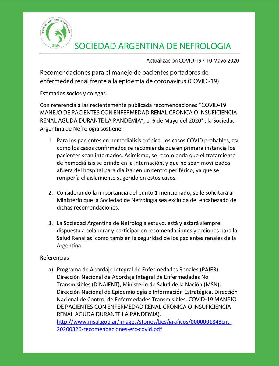 SocArgNefrologa's tweet photo. Recomendaciones para el manejo de pacientes portadores de enfermedad renal frente a la epidemia de coronavirus (COVID-19)
https://t.co/xIeUUZKuQB https://t.co/avO39jM5iN