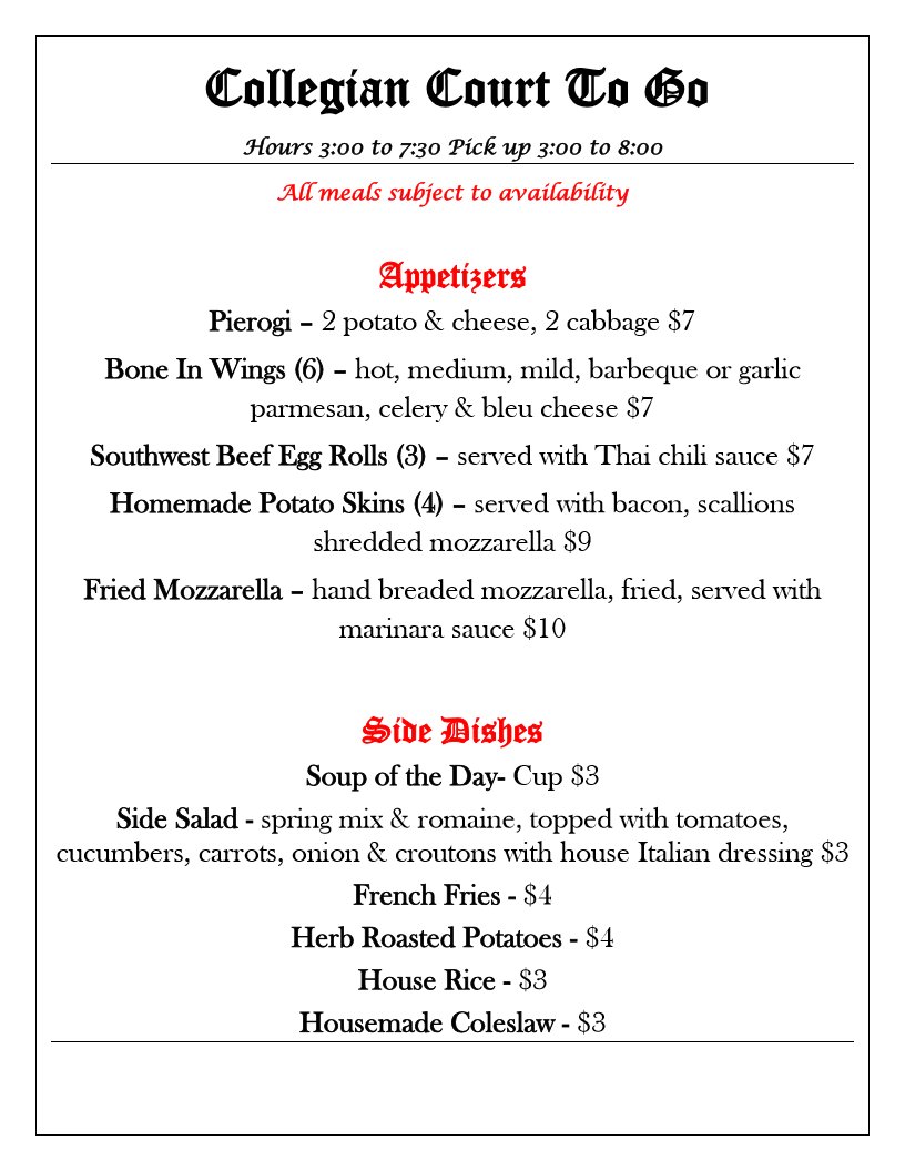 CollegianCourt's tweet photo. Our take out menu to go with curbside service.  Call us (413) 331-4444. https://t.co/ABw5MH2Eer