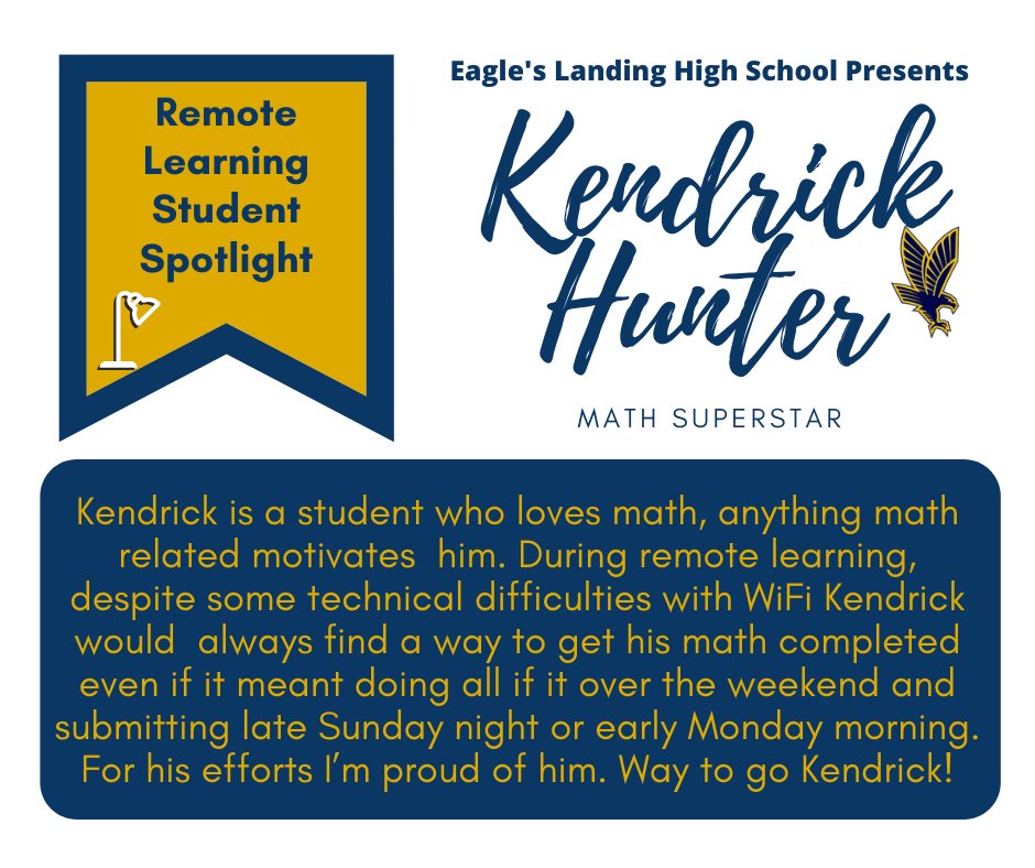 ELHS_HCS's tweet image. The Remote Learning Student Spotlight continues this week with Ms. Gibbons&apos; nomination. Kendrick Hunter goes above and beyond to be a Math Superstar! @DrKeshaJones1 @KindraTukes @drwilliams08 #ELHSRemoteLearningSpotlight #RemoteLearninginHenry  #studentsintherace
