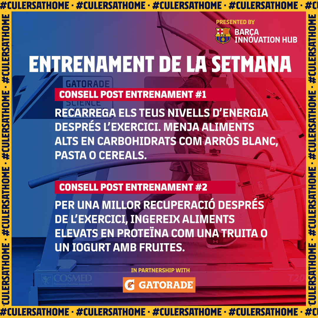 FCBarcelona_cat's tweet photo. 🔋 Recorda que la hidratació i nutrició són tan importants com l'exercici
💪 Segueix els consells de @Gatorade per treure el màxim benefici de l'entrenament
#makedayscount https://t.co/yXBuMjrKLp