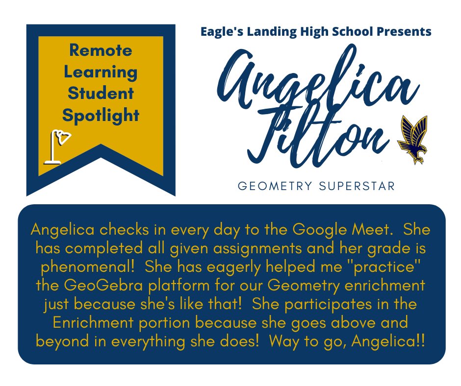 ELHS_HCS's tweet image. Angelica Tilton is a Geometry Superstar in Ms. Patrick&apos;s class! She is our next Remote Learning Student Spotlight! Yay Angelica! @DrKeshaJones1 @KindraTukes @drwilliams08 #ELHSRemoteLearningSpotlight #RemoteLearninginHenry  #studentsintherace