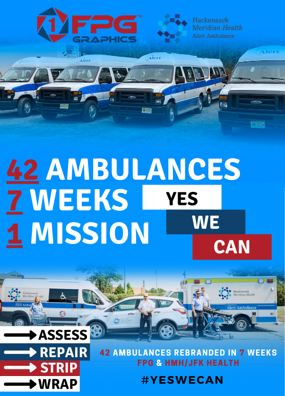 42 Ambulances.
7 Weeks.
1 Mission.

First Priority Graphics partnered with Hackensack Meridian Health / JFK Health to re-brand 42 ambulances in a 7 week span. #YESWECAN
