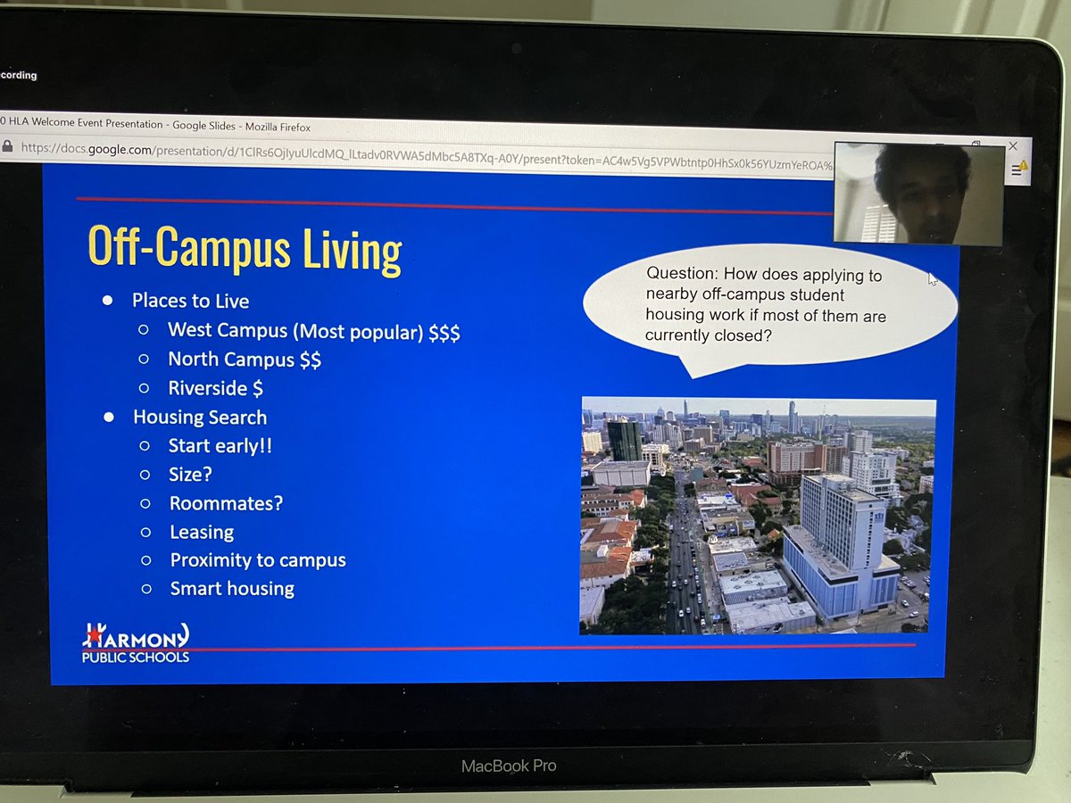 HarmonyAlumni's tweet photo. Today is @UTAustin Virtual College Transition Event day. Great info for our seniors about their transition to UT is being shared now by @HarmonyEdu college leaders as part of HPS virtual college transition series. Thank you @hpsaustin CCS team 👏👏👏 https://t.co/a3SbKJMcA9
