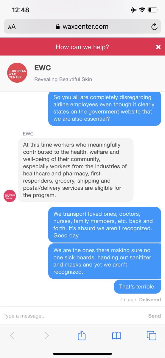 LeinaElysia's tweet photo. As a flight attendant and an essential worker I am so disappointed. @EuropeanWax center is doing their free wax services for essential workers and when asked about which box to check for FA’s they made sure to let us know that we are not meaningfully contributing. https://t.co/2WtgroIUf7