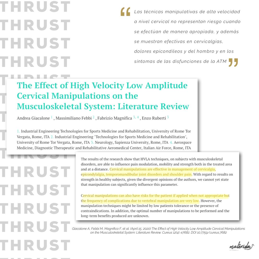 Hoy queremos compartir la Revisión de abril sobre las indicaciones de la manipulación cervical HVLA Thrust. Con varios estudios españoles en la bibliografía referenciada, por su calidad. 
Somos de los países líderes en investigación en Terapia Manual.