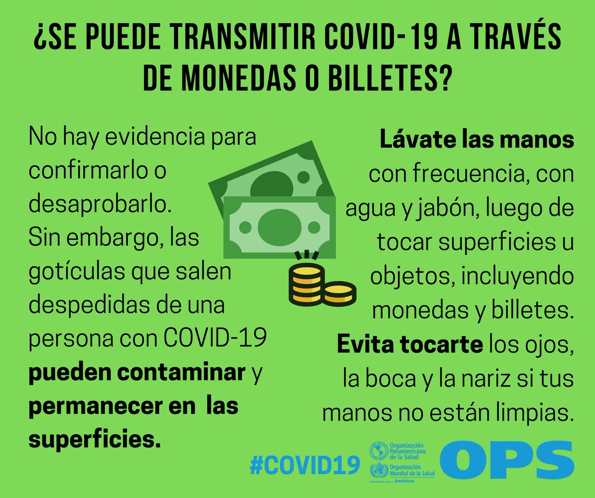 opsoms's tweet photo. #COVID19: Recuerda la importancia de lavarte las manos, con 💦 y 🧼, luego de tocar superficies u objetos, incluyendo 💰monedas o billetes https://t.co/3zNFw2H9NZ