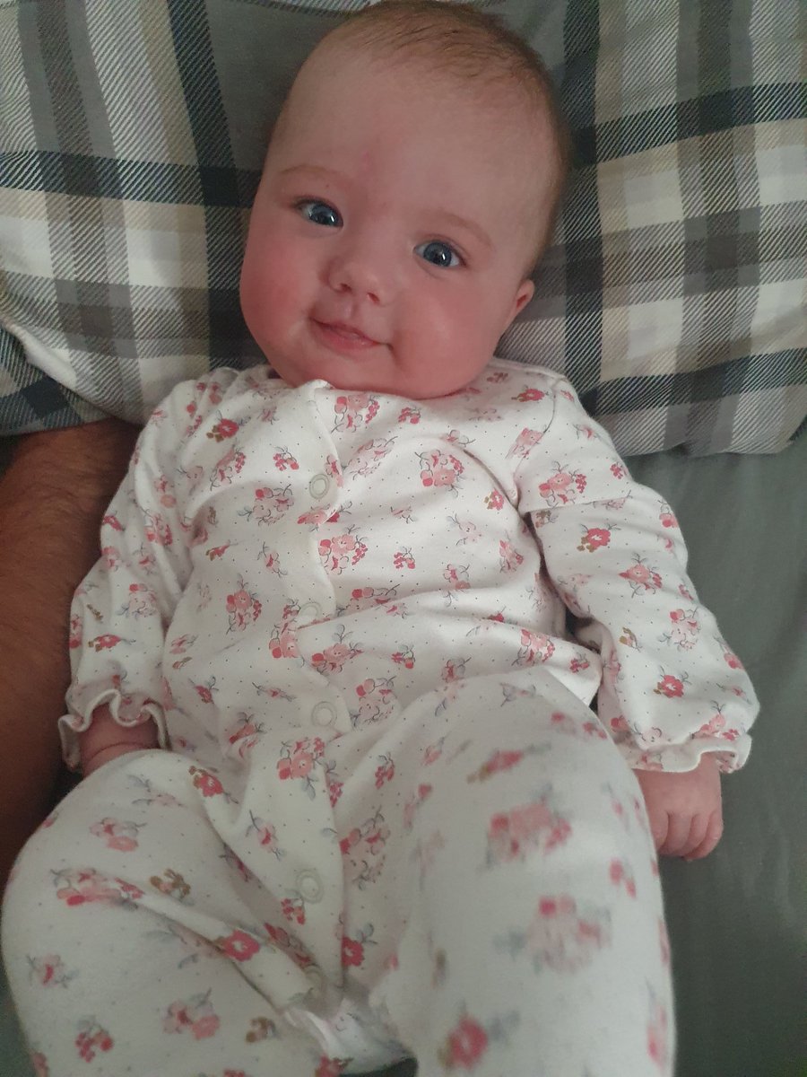 KerrySkelland's tweet photo. My pretty little girl who makes everyday a smiley day from the minute she wakes up, she gets me through the tough days of missing cuddles from our family with her big eyes and cheeky smile ❤💔 4 months old 🥰 https://t.co/Ay5f1cbJHm