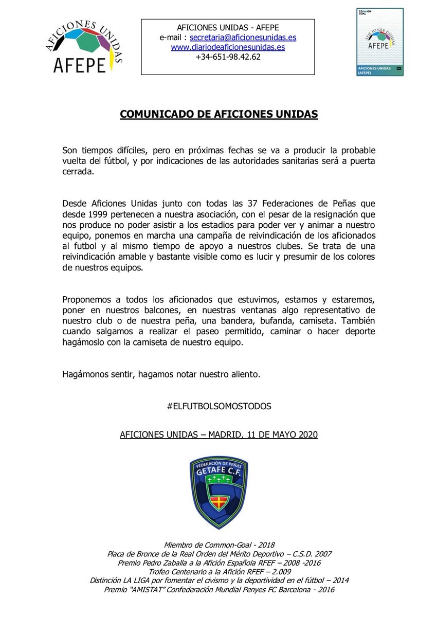 FPGETAFE's tweet photo. 📝 Comunicado conjunto de @AficionesUnidas

Que se note el sentimiento azulón. Inundémoslo de color 💙

#ElFútbolSomosTodos https://t.co/aIxeaq3vDS