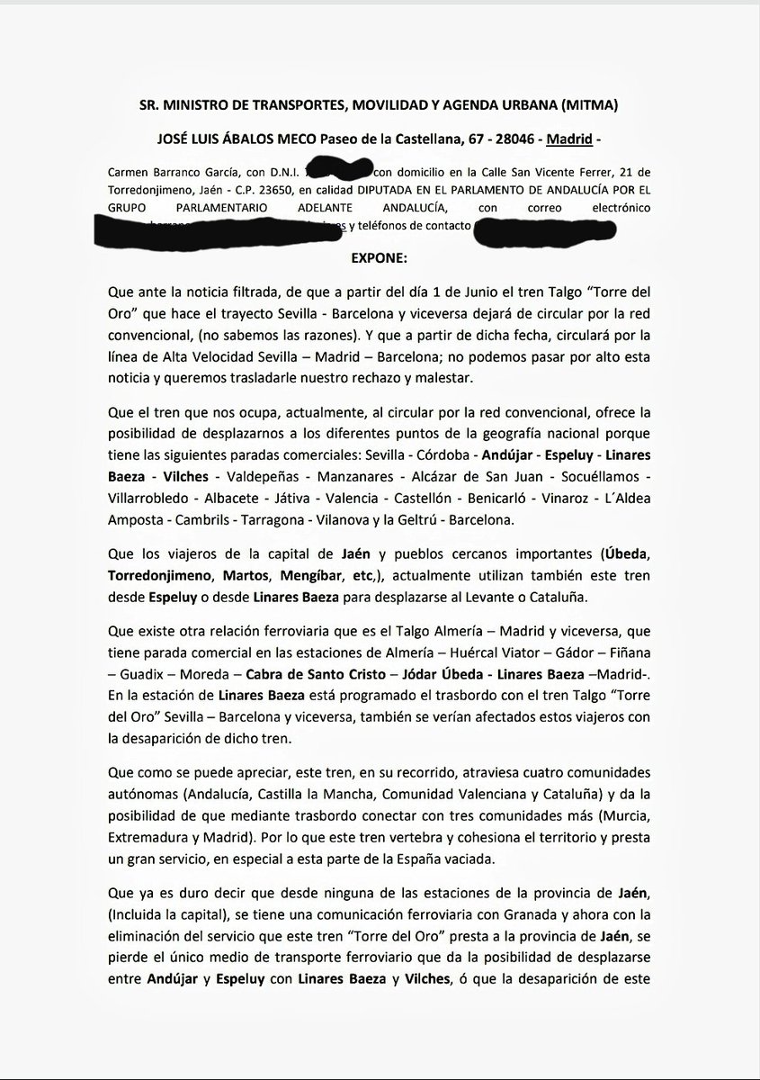 MamenBarranco's tweet photo. 📌La semana pasada solicitamos, junto con los Grupos Municipales de IU de los municipios afectados, reunión con el ministro de transporte, José Luis Ávalos, para abordar el problema que supone para nuestra provincia la supresión del Tren Talgo Torre del Oro👇 https://t.co/NAcW9sIfN0