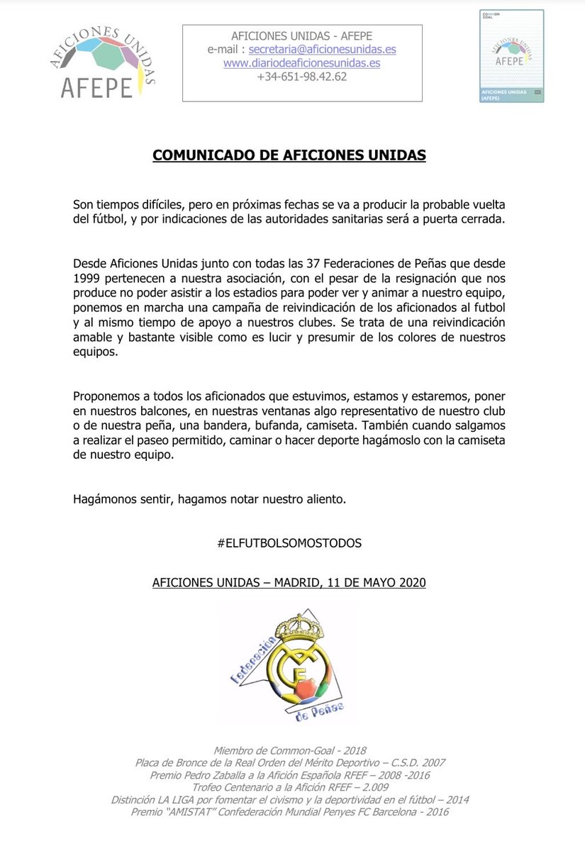 federacionmadr2's tweet photo. Comunicado de Aficiones Unidas @AficionesUnidas #Afepe #FederaciónmadridistasCAM #comunicado #campaña #reivindicación #apoyo #lucir #colores #balcones #representativos #clubes #peñas #paseos #camisetas #sentir #nuestroaliento https://t.co/fH2BQLRGG5