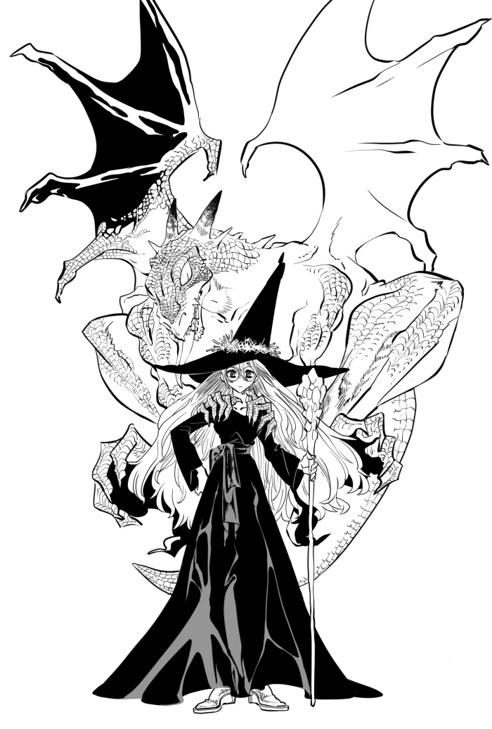 魔女集会で会いましょうタグ見てて、タグの趣旨とはちょっと違うけど思いついて描きたかったファンタジー絵です。魔女もドラゴンもだあいすきだけどこんなに描くの大変とは思わんかったすごい やっとできた何日も描いてた 