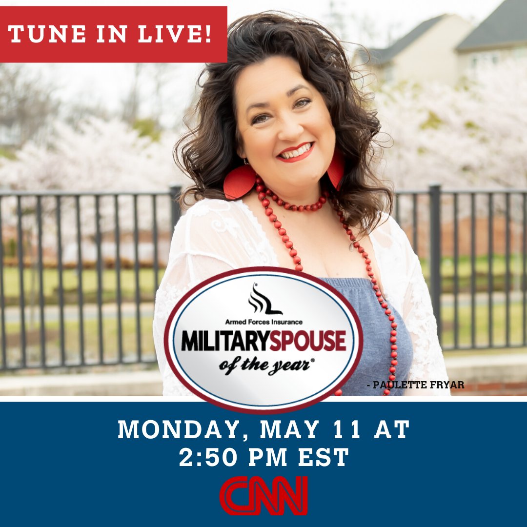 MilSpoOfTheYear's tweet photo. Tune in today at 2:50 PM ET to see our 2020
Armed Forces Insurance Military Spouse of the Year®, Paulette Fryar, on CNN with Brianna Keilar. #MSOY2020 https://t.co/bD7lgqnRGM