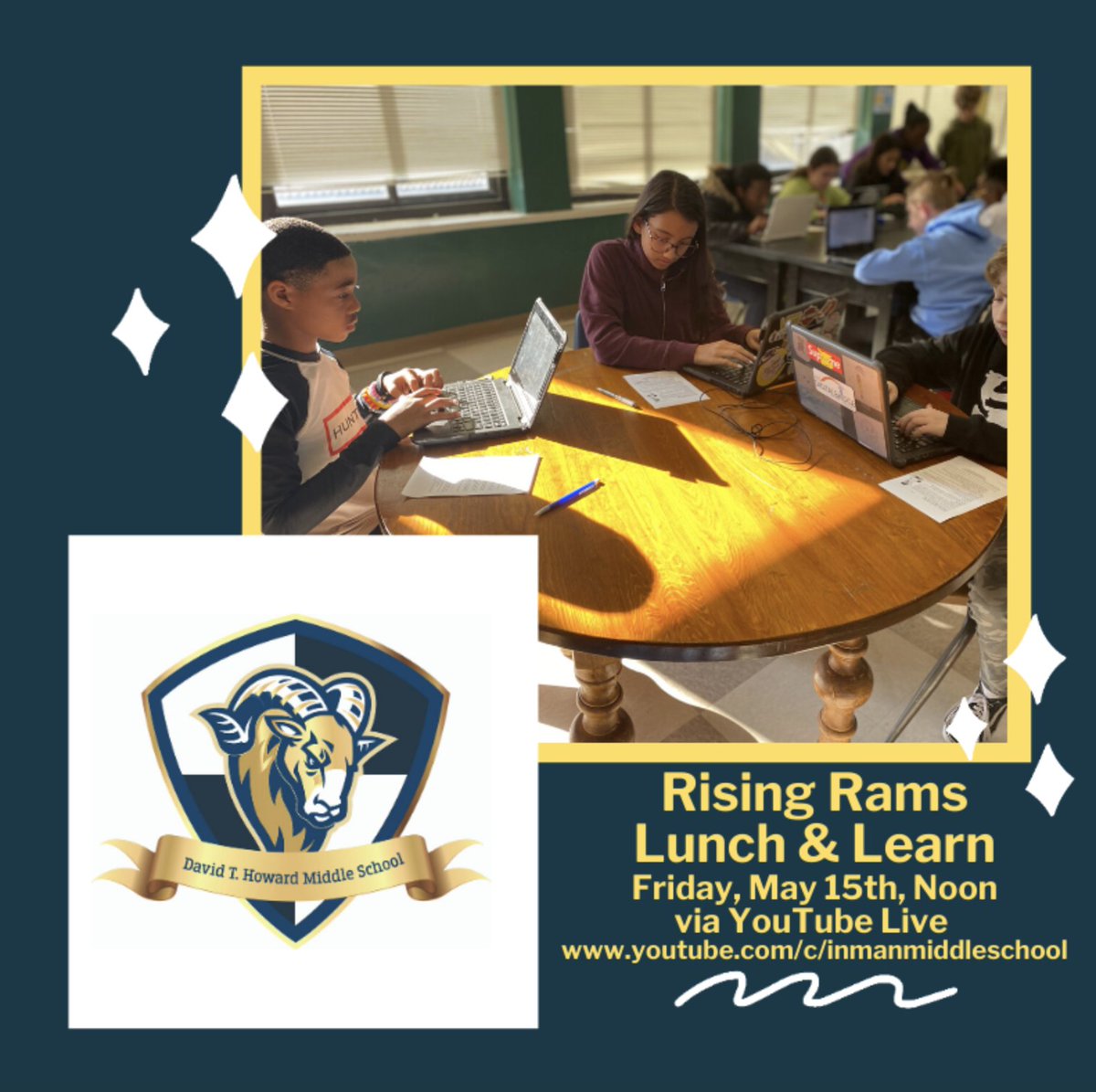 APS_SPARK's tweet photo. 5th grade families: Inman Middle School is hosting a virtual lunch & learn for rising 6th graders on Friday, May 15th at noon. Participate via Inman’s YouTube Live channel: https://t.co/SUG8gNrNjH. #Inman2Howard @TerryHarness @teneciapowe https://t.co/sJnNMzpAgH