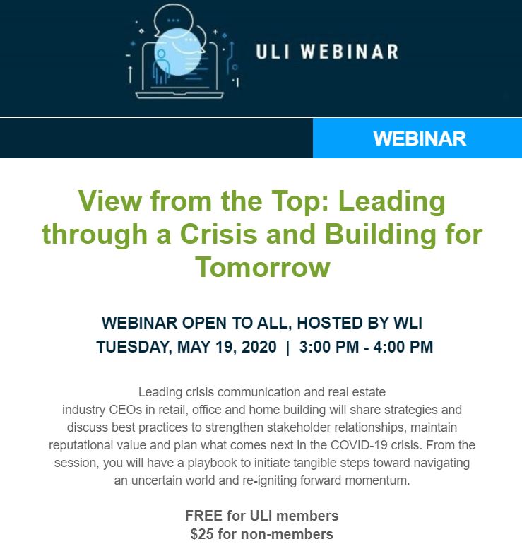 Join ULI Florida for a webinar on Tuesday, May 19 at 3 p.m. and hear from leading crisis communication and real estate industry CEOs. Link in bio for full speaker list and registration details!