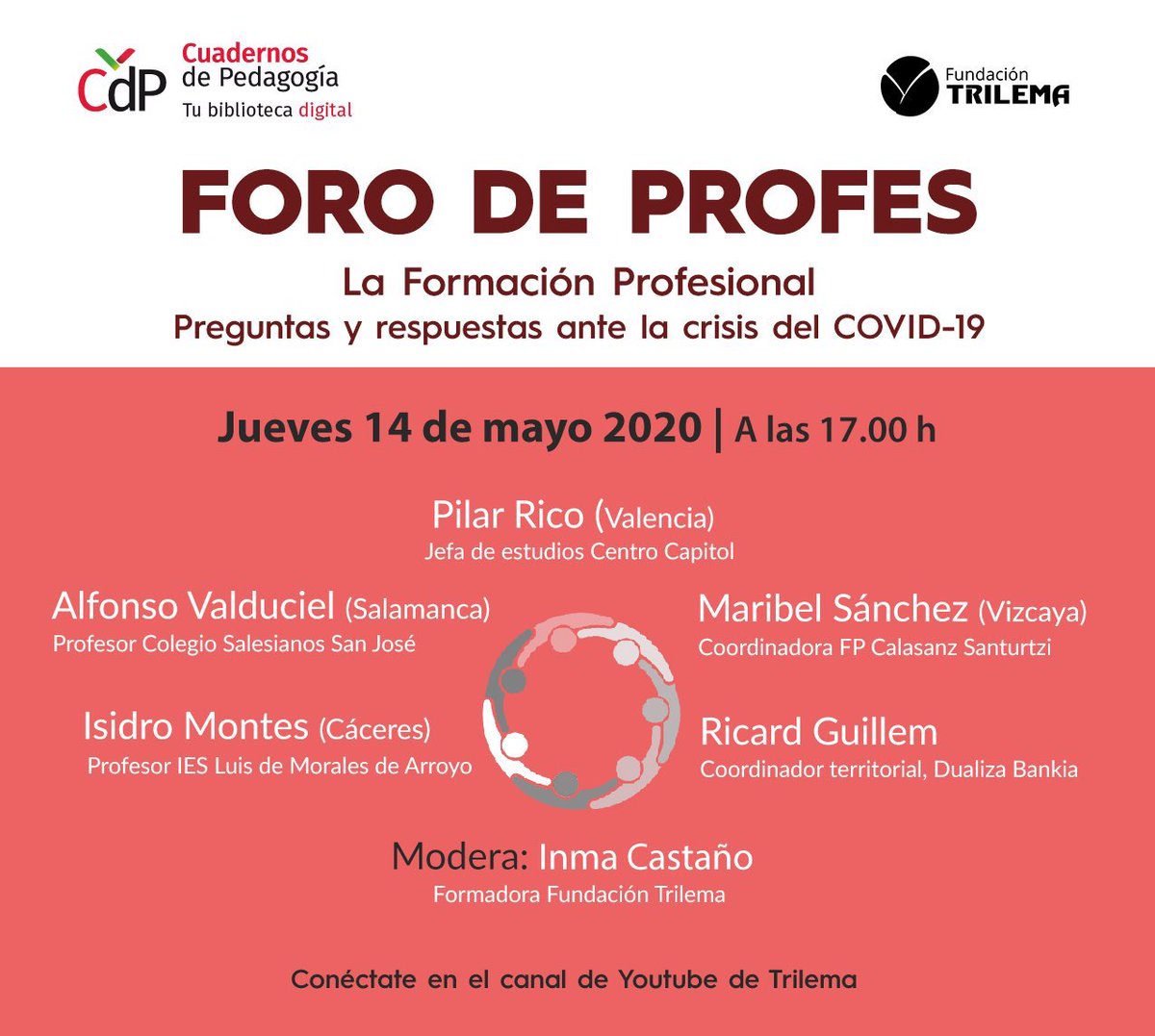 Este jueves en #ForodeProfes con <a href="/CuadernosP/">Cuadernos Pedagogía</a> y <a href="/trilemaedu/">Fundación Trilema</a> le toca el turno a la Formación Profesional. Para ello, conversaré con @CapitolEmpresa <a href="/maribel_sjc/">maribel.sanchez</a> @DualizaBankia <a href="/IsidroMontesCor/">Isidro Montes Cortés</a> <a href="/AlfonsoVBustos/">AlfonsoVBustos</a>  No te lo pierdas a las 17h en directo en el canal de YouTube