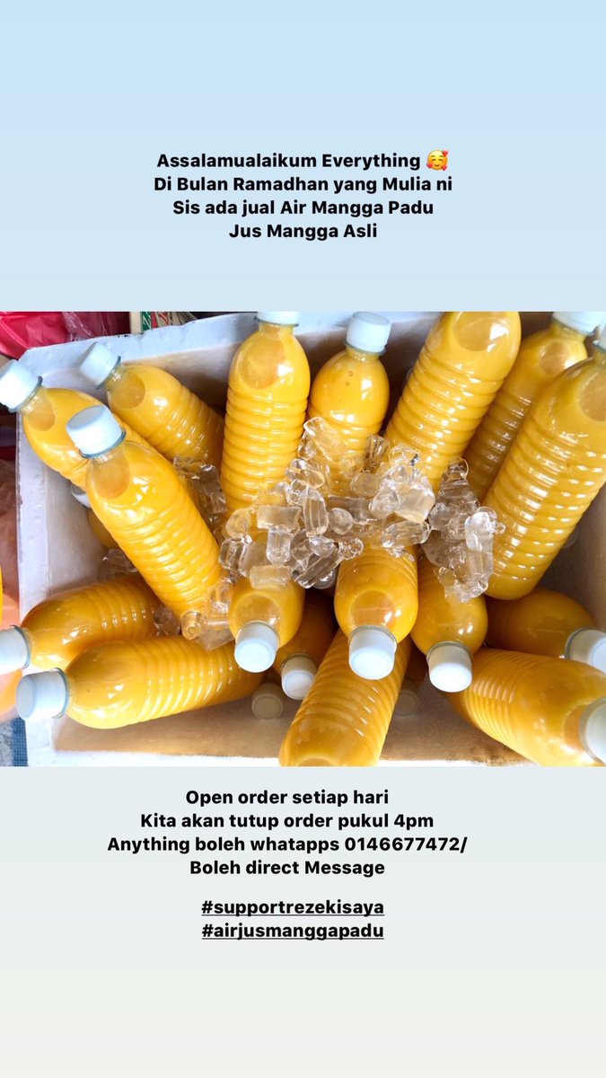 nomeyrashid's tweet photo. Bismillahirohmanirohim.......
Saya menjual Air Mangga padu, 110% Asli tanpa campuran warna tambahan. Saya buka order setiap hari dan akan close order 4pm. 

Maknanya boleh la order selepas berbuka puasa sampai keesokkan harinya sehingga pukul 4pm. https://t.co/tlRPV5cohi
