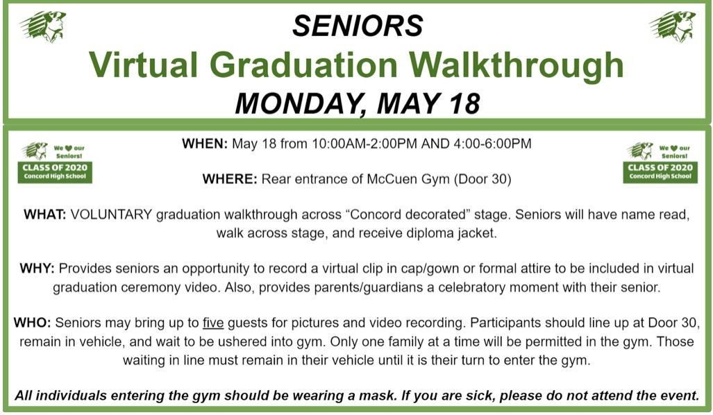 MinutemenCHS's tweet photo. SENIORS: If our face-to-face grad ceremony on July 20 is prohibited, there is a VOLUNTARY grad stage walkthrough on Mon., May 18 from 10-2 AND 4-6 in our gym. You may record a 15 second segment to be included in our virtual ceremony and celebrate with five guests. #concordpride https://t.co/5EosJQWGAJ