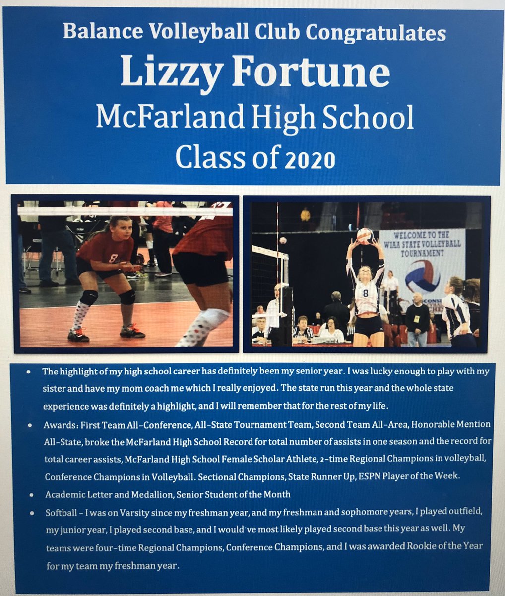 Balance Volleyball Club Congratulates Lizzy Fortune Class of 2020!