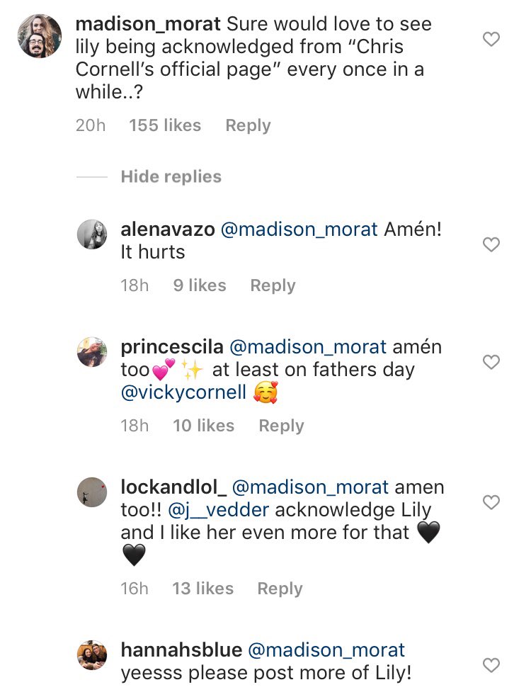 beenawaytoo's tweet photo. @iamvedders Lily Cornell Silver replied to Vicky Cornell on Chris Cornell’s Instagram post - May 10, 2020 @RollingStone @SPIN @billboard #ChrisCornell https://t.co/nmDLGyMDTl