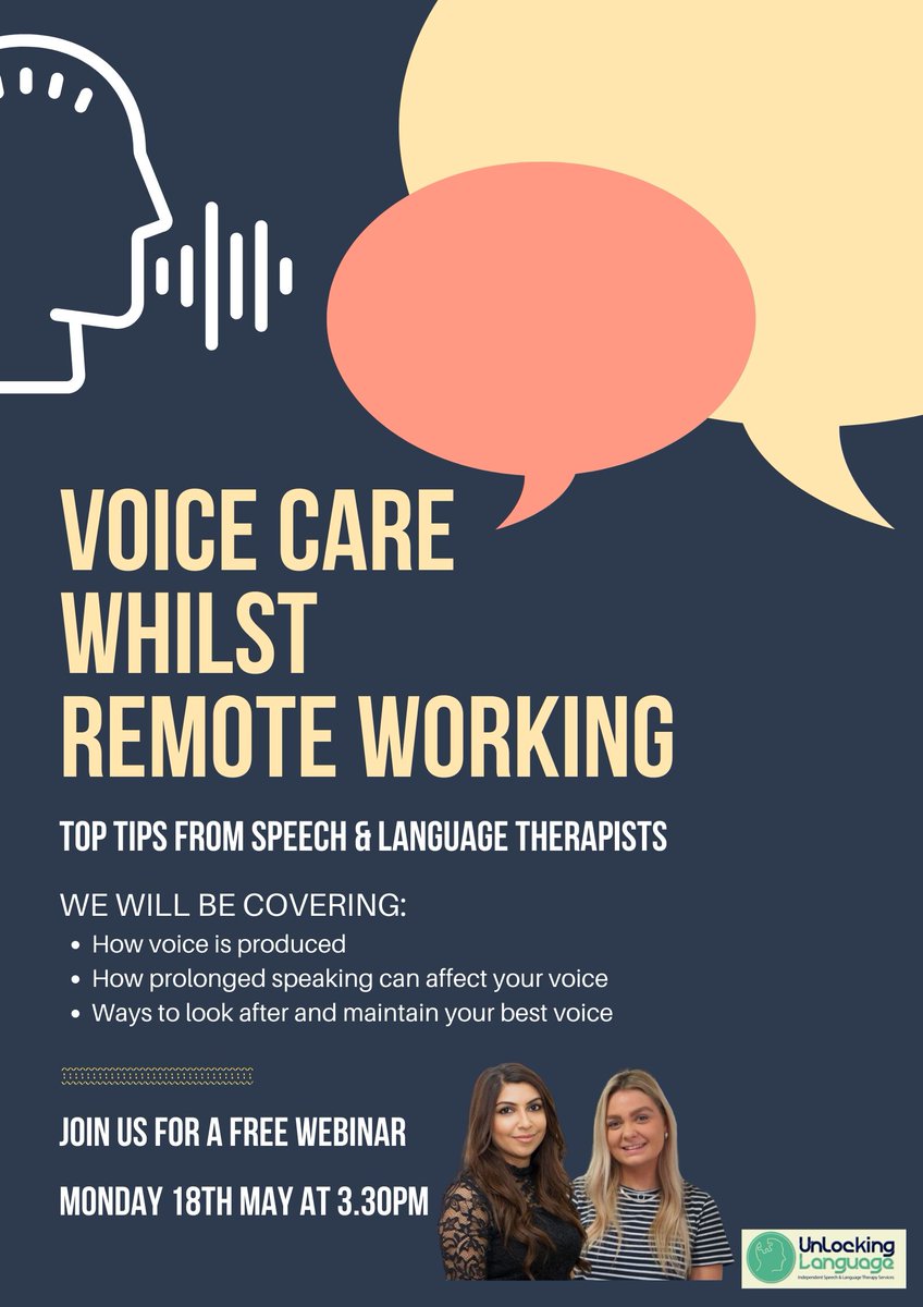 Join us for a FREE Webinar on Monday 18th May at 3.30pm to learn how to look after your voice when remote working. More information and registration details on: eventbrite.co.uk/e/voice-care-w… 
#voicecare #speechandlanguagetherapy #HealthyAtHome #remoteworking