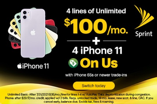 sprintpacnw's tweet photo. It’s our best Unlimited deal: Switch and get 4 lines of Unlimited for just $100/mo. And to really amp this up we’re including 4 amazing iPhone 11 on us when you trade in iPhone 6Ss or newer, in ANY condition, w/ #Sprint Flex lease.

#PacificNorthwest #Mobile #Network https://t.co/MTCDy66Hca