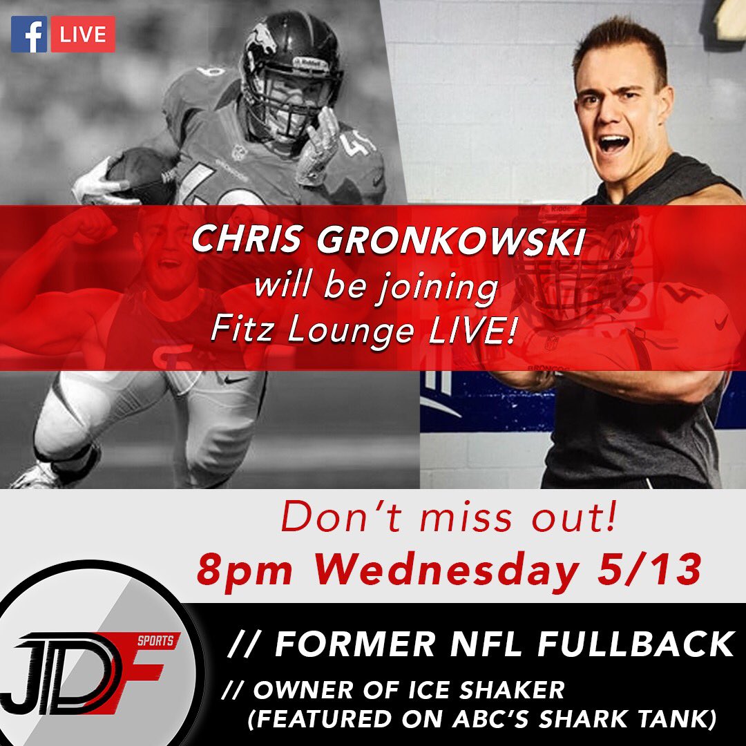 JDFSports's tweet photo. We are super excited to welcome @Chrisgronkowski on Fitz Lounge this Wednesday LIVE at 8PM Est.! 

The guys are going to chop it up with former NFL fullback and current owner of Ice Shaker about his recent accomplishments and his time in the NFL! @iceshakerbottle https://t.co/c4Aih8rpiE