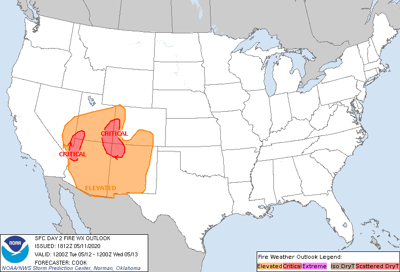 NWSSPC's tweet image. 1:14pm CDT #SPC Day2 #FireWX Critical: northwestern arizona, southeastern utah, southwestern colorado, and northwestern new mexico go.usa.gov/YWcW