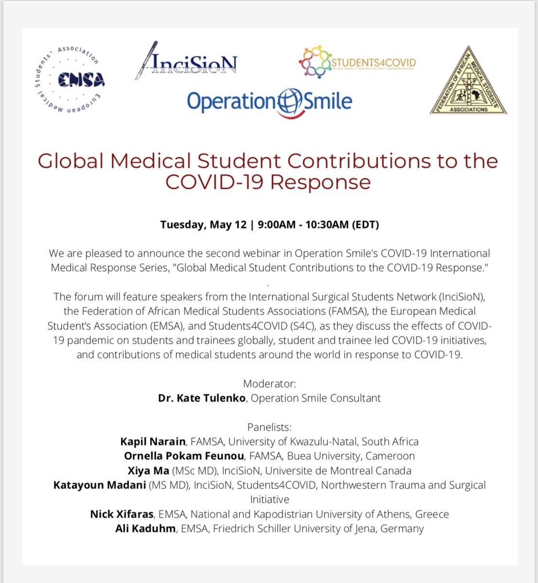 ma_xiya's tweet photo. Tomorrow at 9am EST, @smkaty, myself and our fellow colleagues will be chatting about the #medicalstudent perspective during #COVID19. Q&amp;A available at the end, hope you will join us! #GlobalSurgery #FutureoftheOR https://t.co/5ZlUyDYcMh