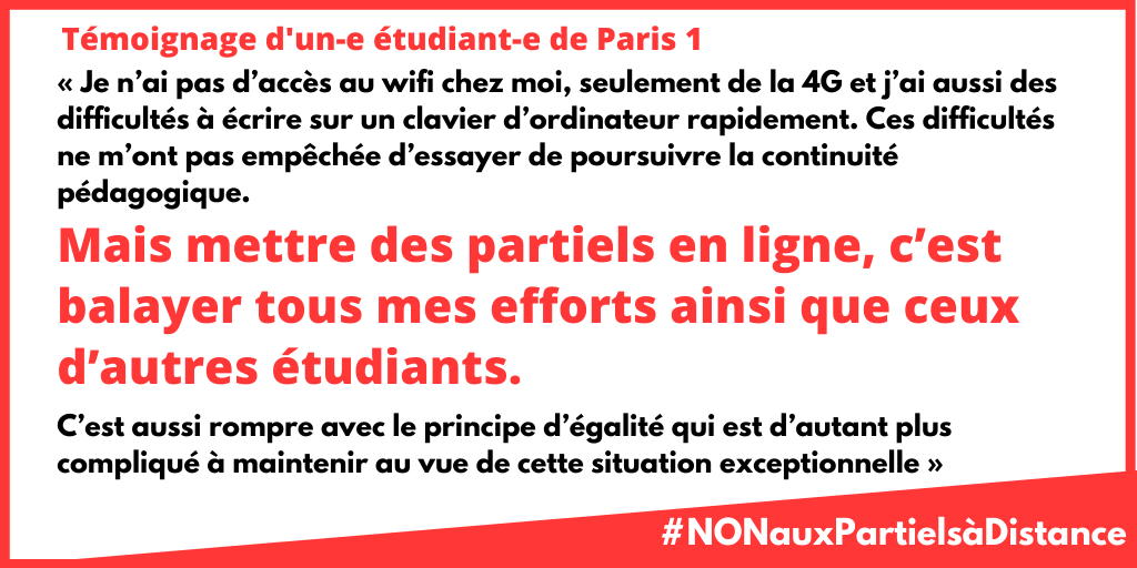 NONpartielsdist's tweet photo. « Mettre des partiels en ligne, c’est balayer tous mes efforts ainsi que ceux d’autres étudiants. C’est aussi rompre avec le principe d’égalité qui est d’autant plus compliqué à maintenir au vue de cette situation exceptionnelle » - étudiant·e de Paris 1

#NonAuxPartielsADistance https://t.co/RbRs5pOO7d