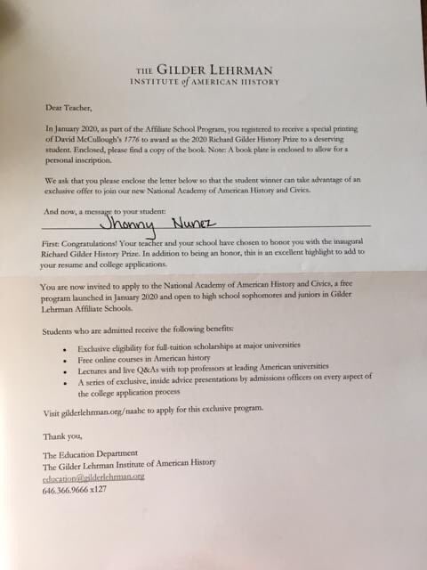 STCTrojans's tweet photo. Congrats to STC Junior Jhonny Nunez for being the winner of the 2020 Richard Gilder’s History Honor at ST. Jhonny will receive a copy of David McCullough’s book titled "1776" &amp; a variety of opportunities through the Gilder Lehrman Institute of American History. #thetrojanway https://t.co/oBbbUHt8Le