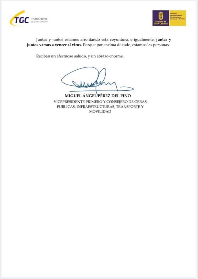 Carta de agradecimiento a los taxistas, por su labor, enviada por el vicepresidente y consejero de transportes del Cabildo de Gran Canaria. gracias por su sensibilidad.