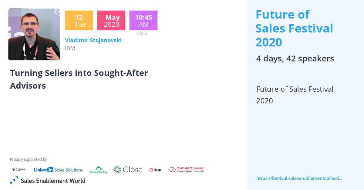 See and hear my talk tomorrow May 12 at the Future of Sales Festival 🚀

Other speakers include 

💫Werner Schmidt, Sage
💫Sapphire Reels, Pluralsight
💫Ruchi Verma, Ericsson 
💫Simon Gilks, GoCardless

#sales #salesenablement #salestraining

festival.salesenablementcollective.com/schedule/