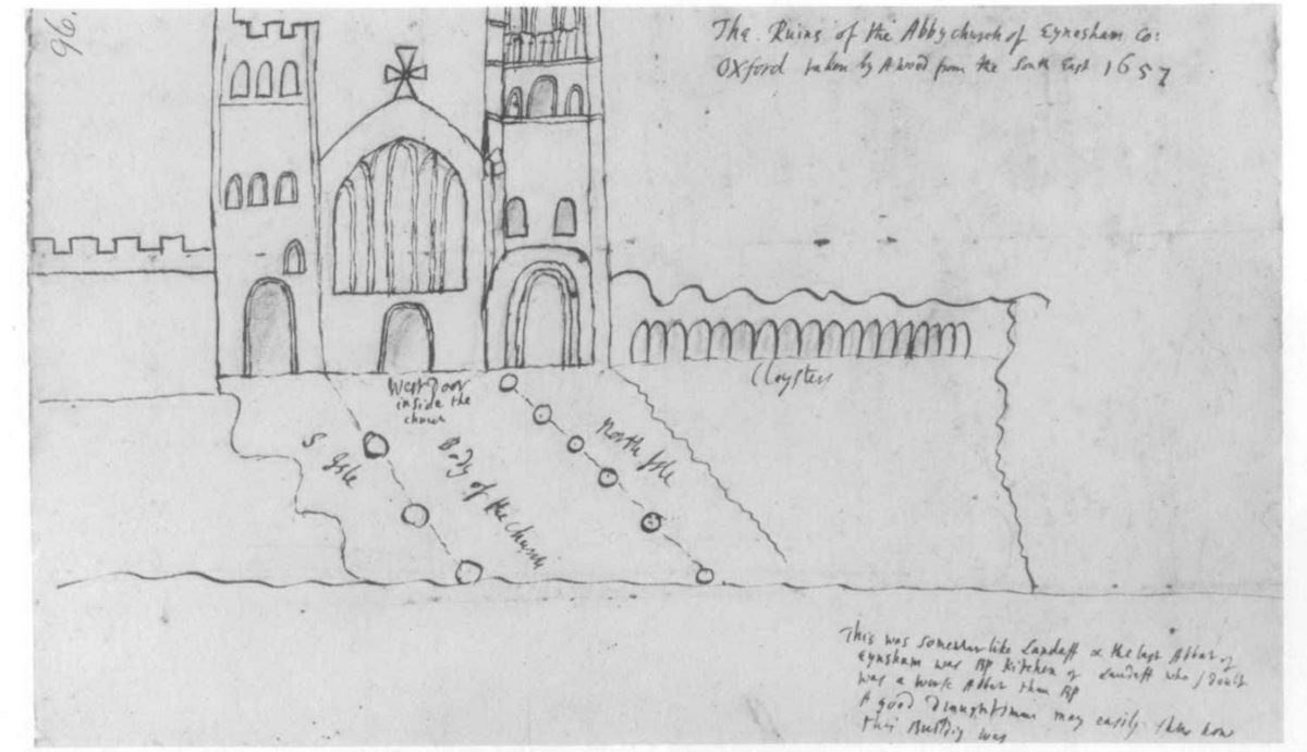 my work at Eynsham is done. even though I didn't do anything. Think all the visual evidence comes from this 1657 drawing essentially. The note says "A good draftsman could easily show how this building was". lol he's got loads of space but he's had to cut off the N tower. feels.