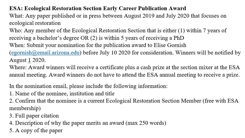 Y'ALL - I have received literally three nominations for this #earlycareer #restoration #pubaward. NOMINATE YOURSELF OR SOMEONE ELSE!!!!! Becoming a section member is free with your ESA membership! <a href="/ESA_SEEDS/">ESA-SEEDS</a> <a href="/ESAVegetation/">ESA Vegetation Section</a> <a href="/ESABulletin/">ESA Bulletin</a> <a href="/ESA_EarlyCareer/">ESA Early Career</a> <a href="/ESA_org/">Ecological Society</a> <a href="/ESArestore/">ESA Restoration</a>