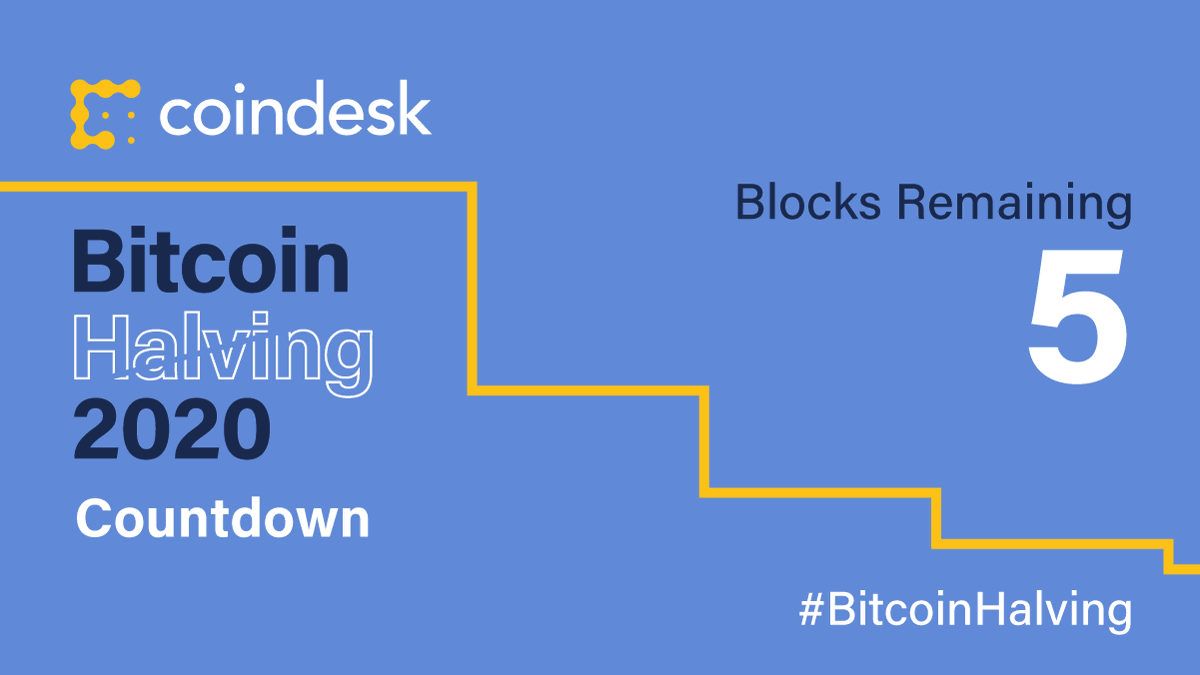 CoinDesk's tweet photo. Countdown to #BitcoinHalving: 5 blocks left.
 
Block 629,990 was mined at 2020-5-11 14:28:39 ET.
 
Join our halving watch party on @CoinDesk and @CoinDeskMarkets!

https://t.co/4xbnr8womG https://t.co/gzWtXbhdgX