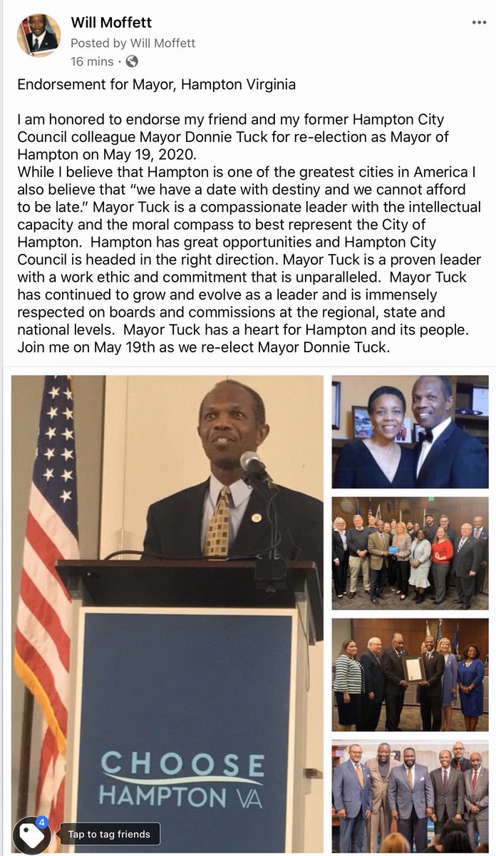 wmoffett757's tweet photo. I am honored to endorse my friend and former Hampton City Council colleague Mayor Donnie Tuck for re-election to the office of Mayor on May 19, 2020.
@DonnieTuck @Rob_E_Tuck @grayforcouncil @CSnead4Council @BillyHobbs1 @ants012369 https://t.co/urrF7lQjuI