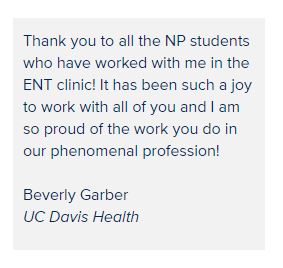 UCDavis_Nursing's tweet photo. We're celebrating #NationalNursesWeek & #YearoftheNurse with special tributes from alumni, students, faculty and staff to their health care heroes. Here's one from the #nursepractitioner in the @UCDavisHealth ENT clinic to the #FNP students she precepted https://t.co/ylcF6lV2nE https://t.co/QAz6Jv72C6