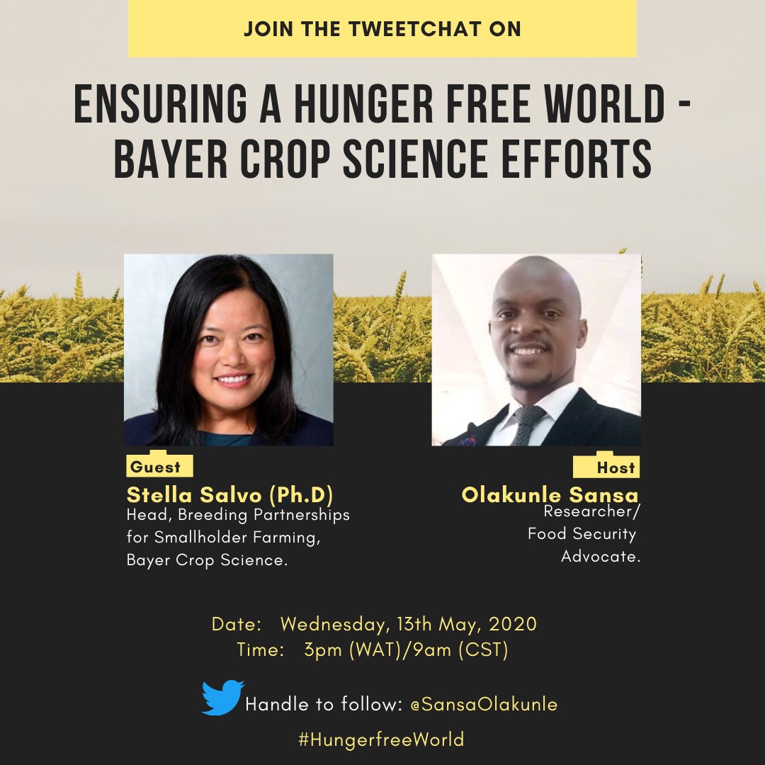 StellaSalvo1's tweet photo. Looking forward having a live Twitter chat @SansaOlakunle to discuss the impact of #COVID19 on #foodsecurity & @Bayer4Crops efforts to ensure #hungerfornone. Follow #HungerFreeWorld on May 13 at 9am CST to join me! @IITA_CGIAR @stledgemark @everlyn_musyoka @CGIAR_EiB https://t.co/LxcasqKUSL
