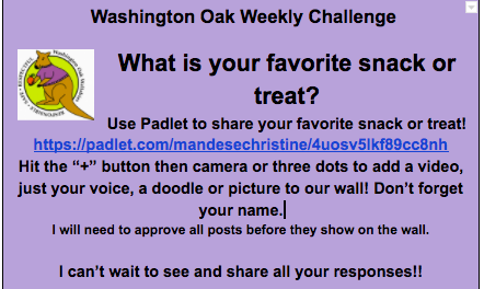 washingtonoakRI's tweet photo. Washington Oak Students! Add to our Padlet this week for the Challenge! Can't wait to hear about your favorite snack or treat. @coventryschools @dcowart #DigitalLearning #engagement @padlet

https://t.co/iJ0hURHEW2 https://t.co/HBnR3sWDa1