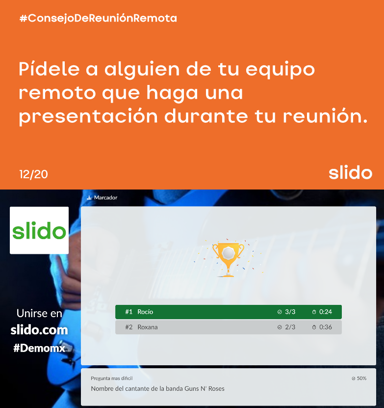 #RemoteMeetingTip [12/20]:
Pide a una persona del equipo que haga una presentación durante la reunión. Puedes terminar con una dinámica de evaluación y obtener un ganador. Esto hará que los participantes presten más atención. #interacción #webinar  #slido