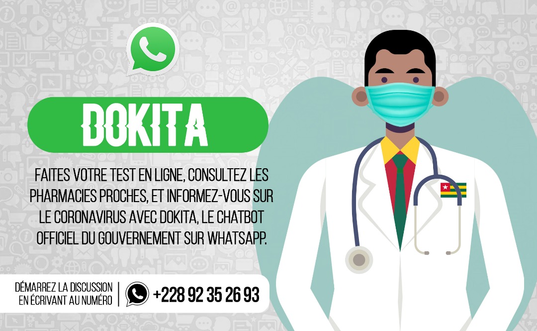 GouvTg's tweet photo. Le chatbot officiel Dokita du gouvernement est désormais opérationnel sur #WhatsApp.

Envoyez Bonjour au +228 92 35 26 93 (WhatsApp) pour démarrer la conversation.

#Covid19TG
#COVIDー19 https://t.co/kPV46dTFOX