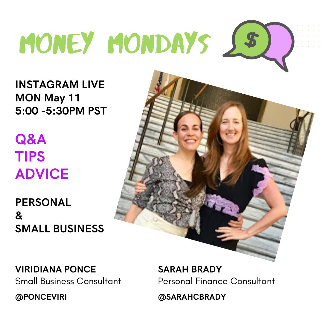 SCBrady's tweet photo. Join us for a live conversation on Instagram at 5pm. Today's topic: Tips for dealing with reduced income. We'll offer practical advice for managing a loss of household income and a decrease in business sales. Follow us on IG: @sarahcbrady @ponceviri. #moneymonday #financefemmes https://t.co/820UVD0Br5