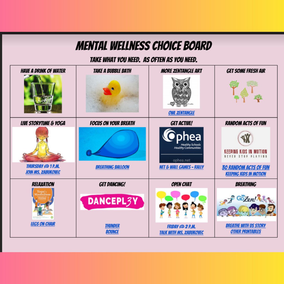 MsZabukovec's tweet photo. Here's this week's Mental Wellness Choice Board.  Choose what you need...as often as you need. @StTimothyHAT 
https://t.co/E2Co6Vtnwl https://t.co/ZOpMEHjD3b