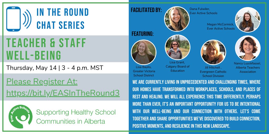 Join us Thurs May 14 for our next chat: Teacher &amp; Staff Well-being. We'll be sharing opportunities we've discovered to build connection, positive moments &amp; resilience. Visit bit.ly/EAS-PL for details &amp; to register
<a href="/danafulwiler/">DFV</a> <a href="/NLuyckfassel/">Nancy Luyckfassel</a> <a href="/Lisa_Baylis/">Lisa Baylis</a> <a href="/meggilbertson/">Megan Gilbertson</a>