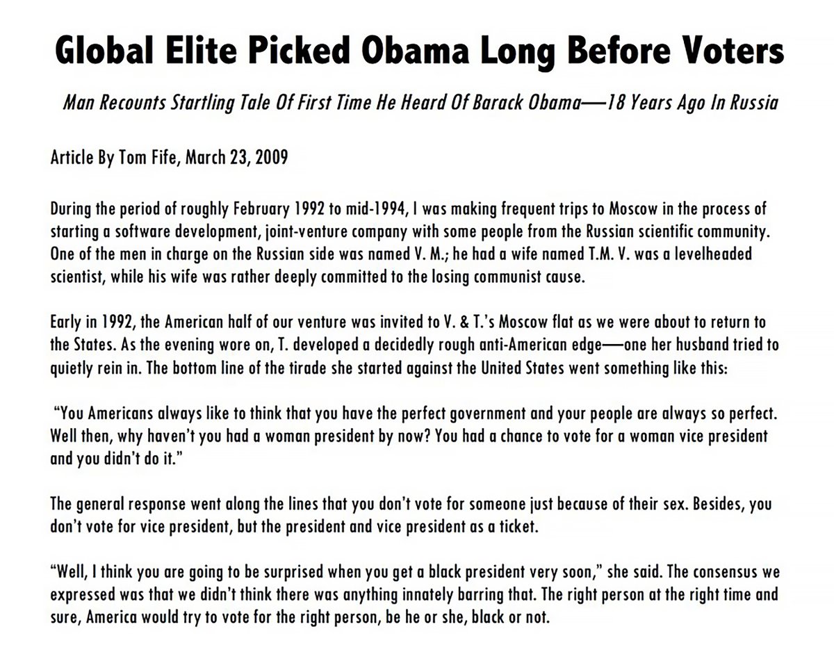 This Is Tom Fife's Article That Tells The Story Of How Obama Was Born, Raised And Groomed To Be The First Black President Of The United States. http://americanfreepress.net/html/global_elite_picked_obama_171.html