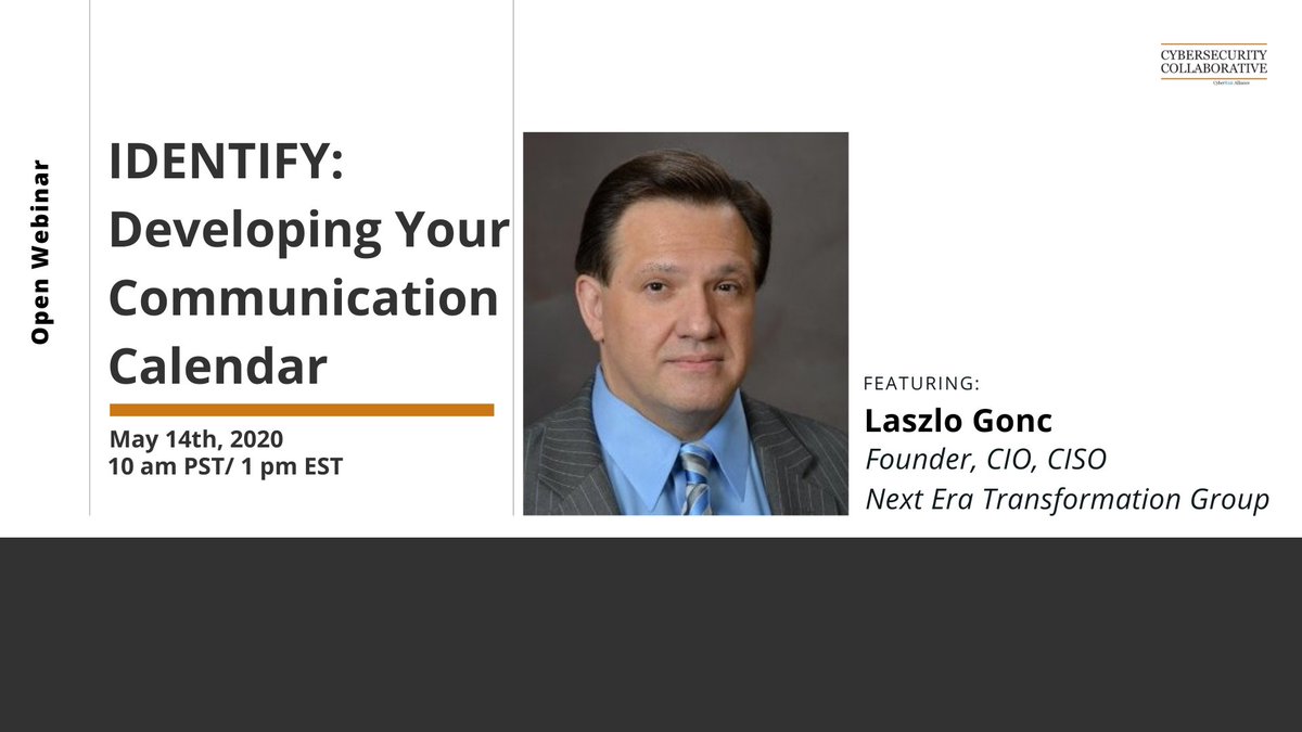 Consistent communication with senior leadership, peers, and employees is vital to building a successful and engaging security program. Join Laszlo Gonc, CISSP this Thursday in the open webinar "Developing Your Communication Calendar" Register Here: cyberleadersunite.webex.com/cyberleadersun… 
#cyber