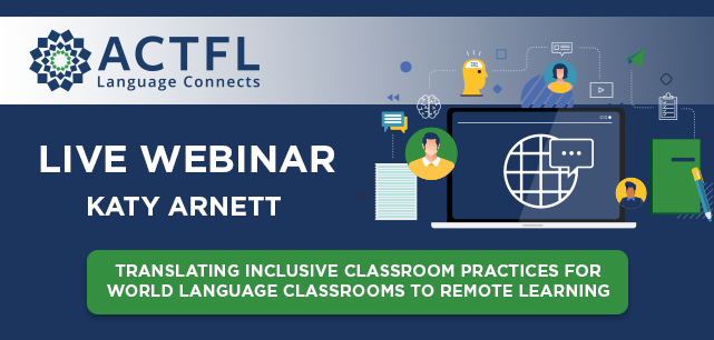 actfl's tweet photo. How can we effectively engage all learners while teaching remotely? Join @KatyArnett on May 19 at 6:00 PM EST, and explore ways teachers can incorporate elements of inclusive practice in our remote learning experiences. #COVID19WL
Register at: https://t.co/c3IUjl54rM https://t.co/3rE3jzrNCP
