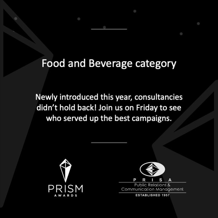 theprismawards's tweet photo. Get your snacks ready for the big announcement of the winners in the Food and Beverage category. Catch the awards here https://t.co/yY3NMClPhK to see whether Paddington Station PR, @roth_media, @PR_Worx and @BonfireMediaZA made the cut. Good luck to you all! #PRISMAwards2020 https://t.co/jGcqUA0ayf